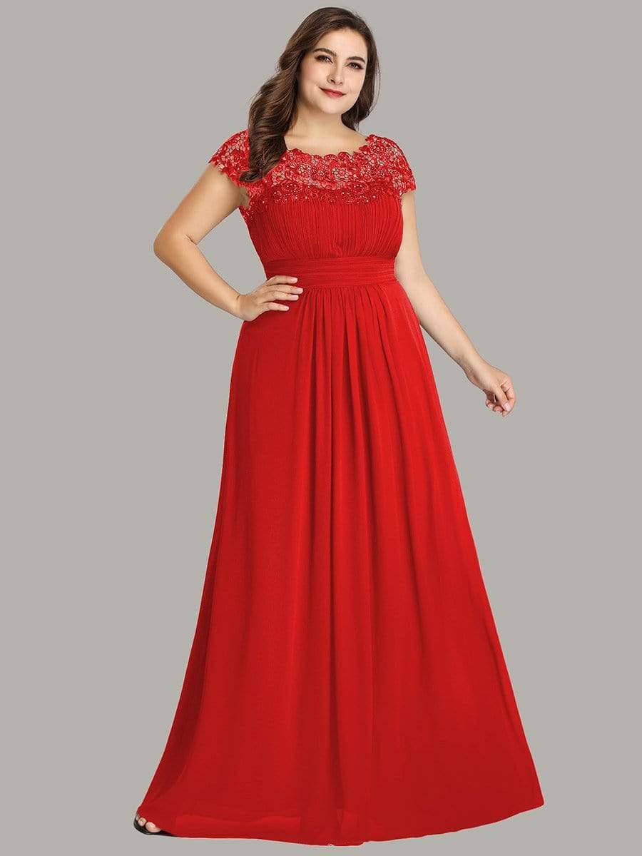 Plus Size Maxi Long Formal Lace Cap Sleeve Evening Dress #color_Red 