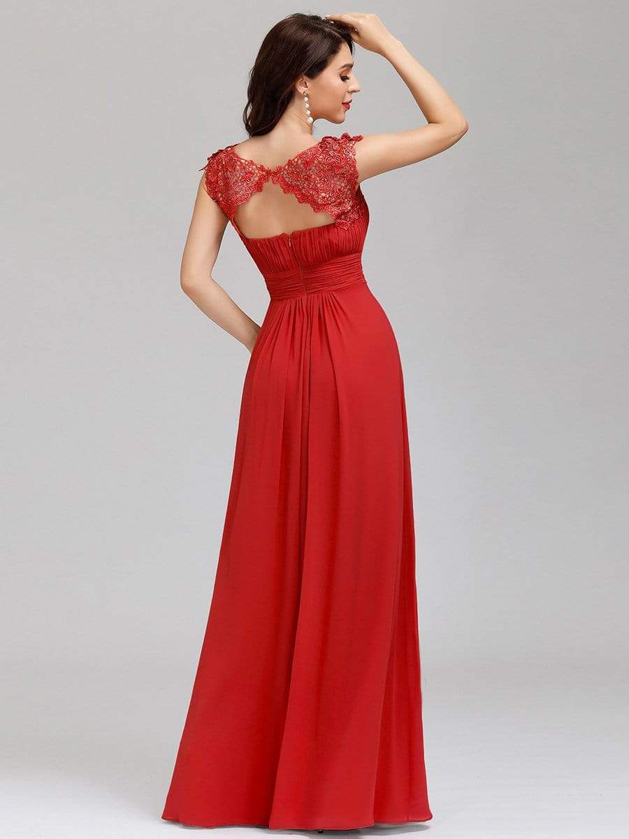 Elegant Maxi Long Lace Bridesmaid Dress with Cap Sleeve #color_Red 