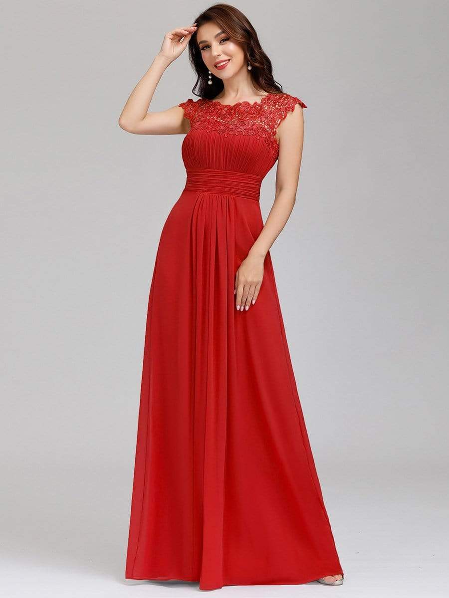 Elegant Maxi Long Lace Bridesmaid Dress with Cap Sleeve #color_Red