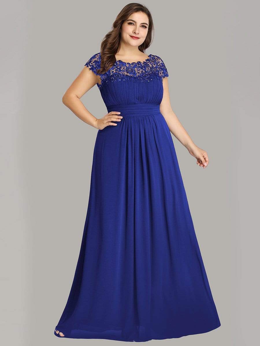 Plus Size Maxi Long Formal Lace Cap Sleeve Evening Dress #color_Sapphire Blue 