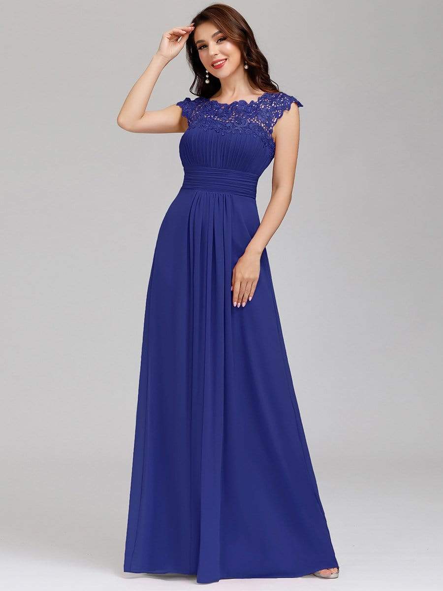 Elegant Lace Cap Sleeve Maxi Long Chiffon Bridesmaid Dress #color_Sapphire Blue 