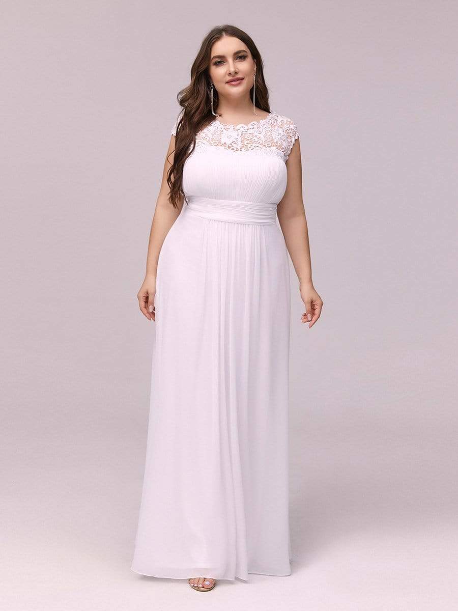 Plus Size Maxi Long Formal Lace Cap Sleeve Evening Dress #color_White 