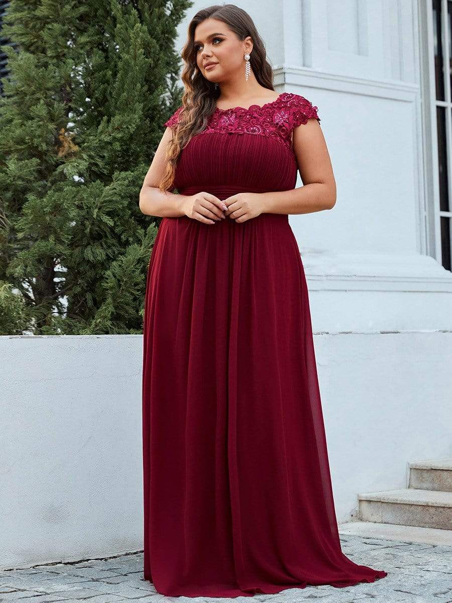 Plus Size Elegant Maxi Long Lace Cap Sleeve Bridesmaid Dress #color_Burgundy 