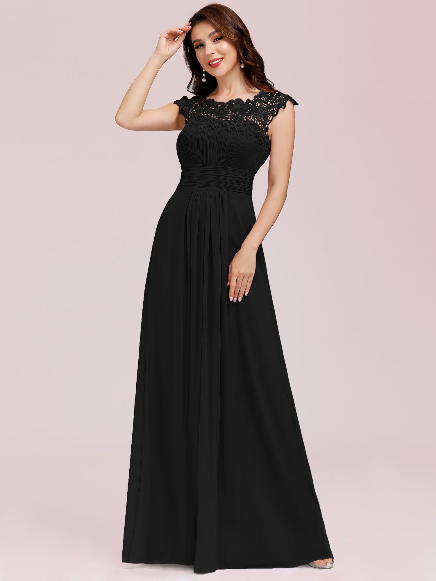 Maxi Lace Cap Sleeve Long Formal Evening Dress #color_Black 