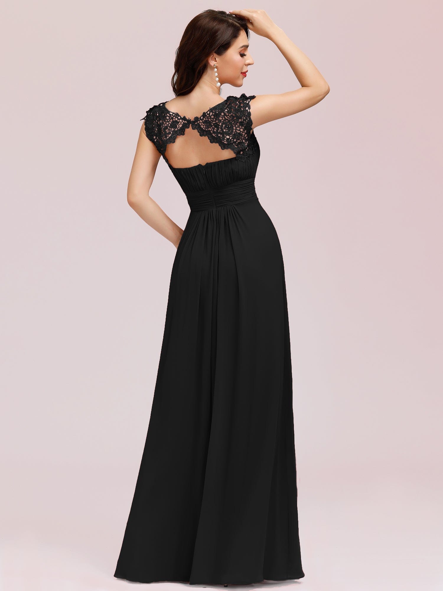 Maxi Lace Cap Sleeve Long Formal Evening Dress #color_Black 