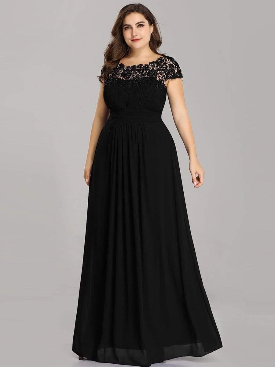 Plus Size Elegant Maxi Long Lace Cap Sleeve Bridesmaid Dress #color_Black 