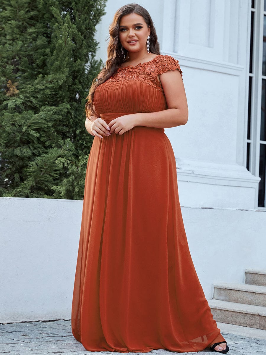 Custom Size Elegant Maxi Long Lace Cap Sleeve Bridesmaid Dress #color_Burnt Orange