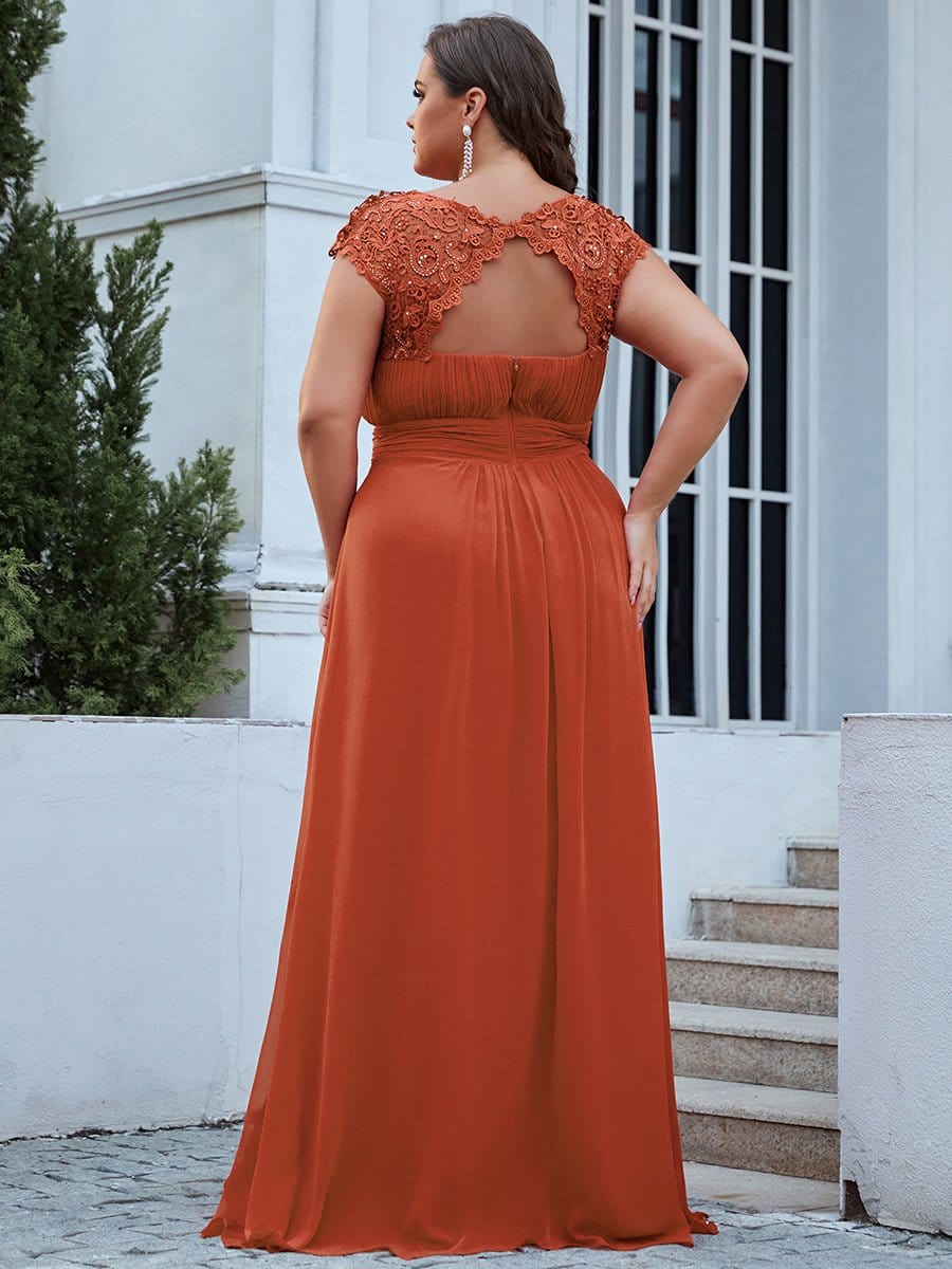 Plus Size Elegant Maxi Long Lace Cap Sleeve Bridesmaid Dress #color_Burnt Orange 