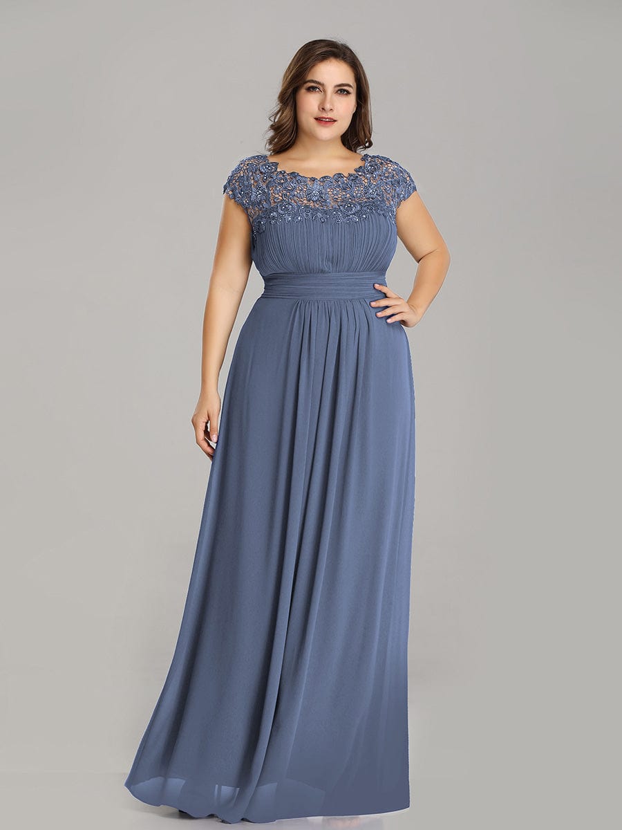Custom Size Elegant Maxi Long Lace Cap Sleeve Bridesmaid Dress #color_Dusty Navy