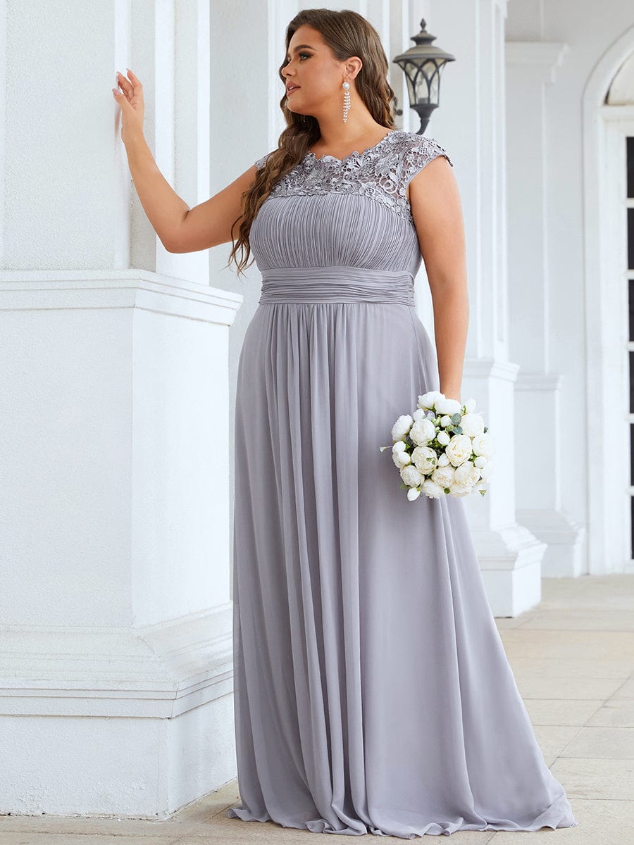 Custom Size Elegant Maxi Long Lace Cap Sleeve Bridesmaid Dress #color_Grey