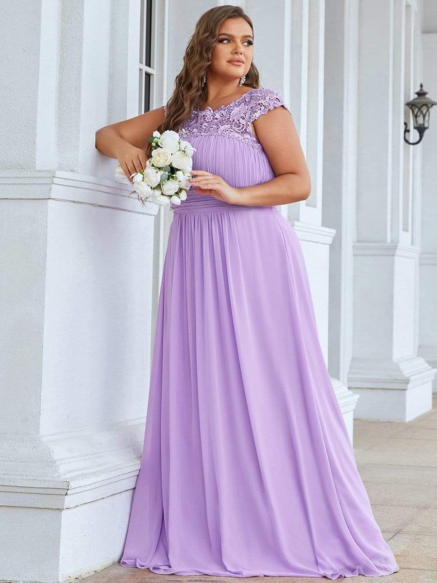 Plus Size Elegant Maxi Long Lace Cap Sleeve Bridesmaid Dress #color_Lavender 