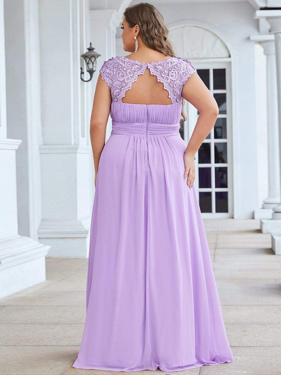 Plus Size Elegant Maxi Long Lace Cap Sleeve Bridesmaid Dress #color_Lavender 