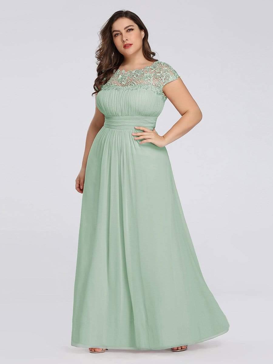 Plus Size Elegant Maxi Long Lace Cap Sleeve Bridesmaid Dress #color_Mint Green 