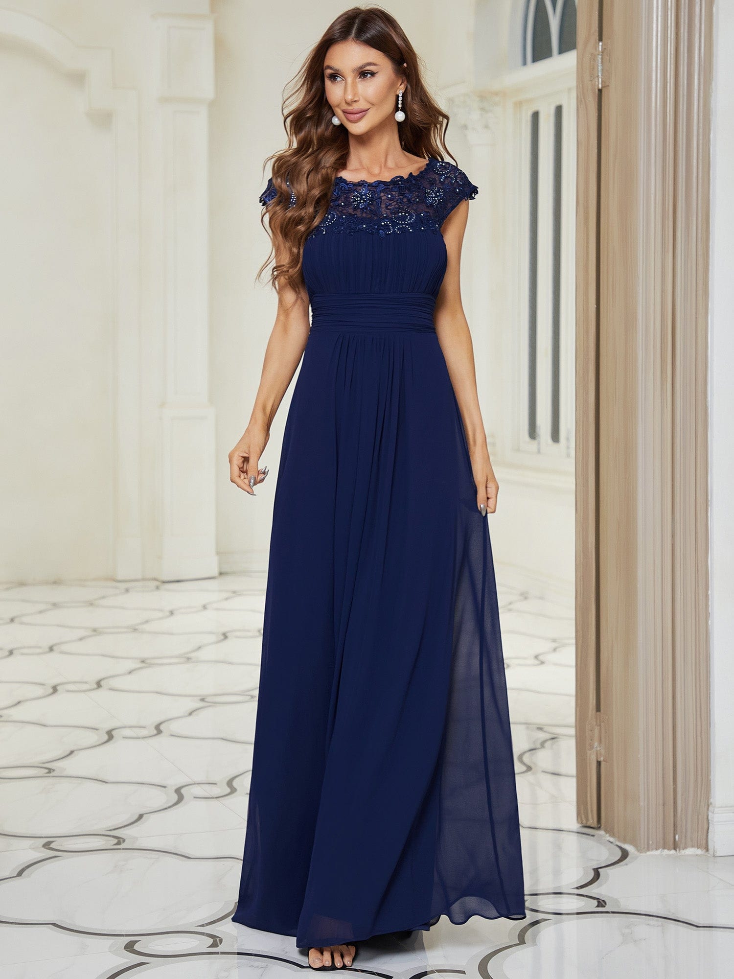 Chic Pockets Peacock Blue Lace and Satin Prom Ball Gown - VQ