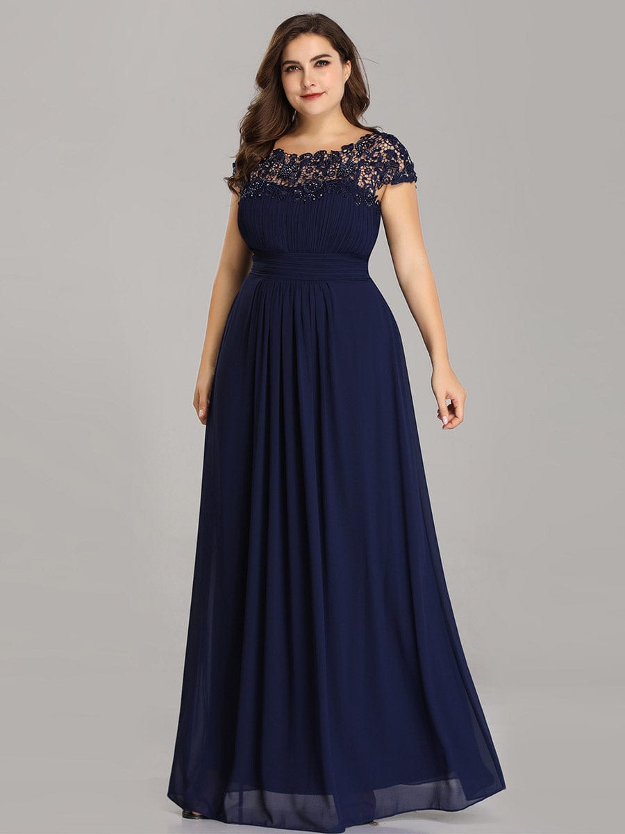 Custom Size Elegant Maxi Long Lace Cap Sleeve Bridesmaid Dress #color_Navy Blue