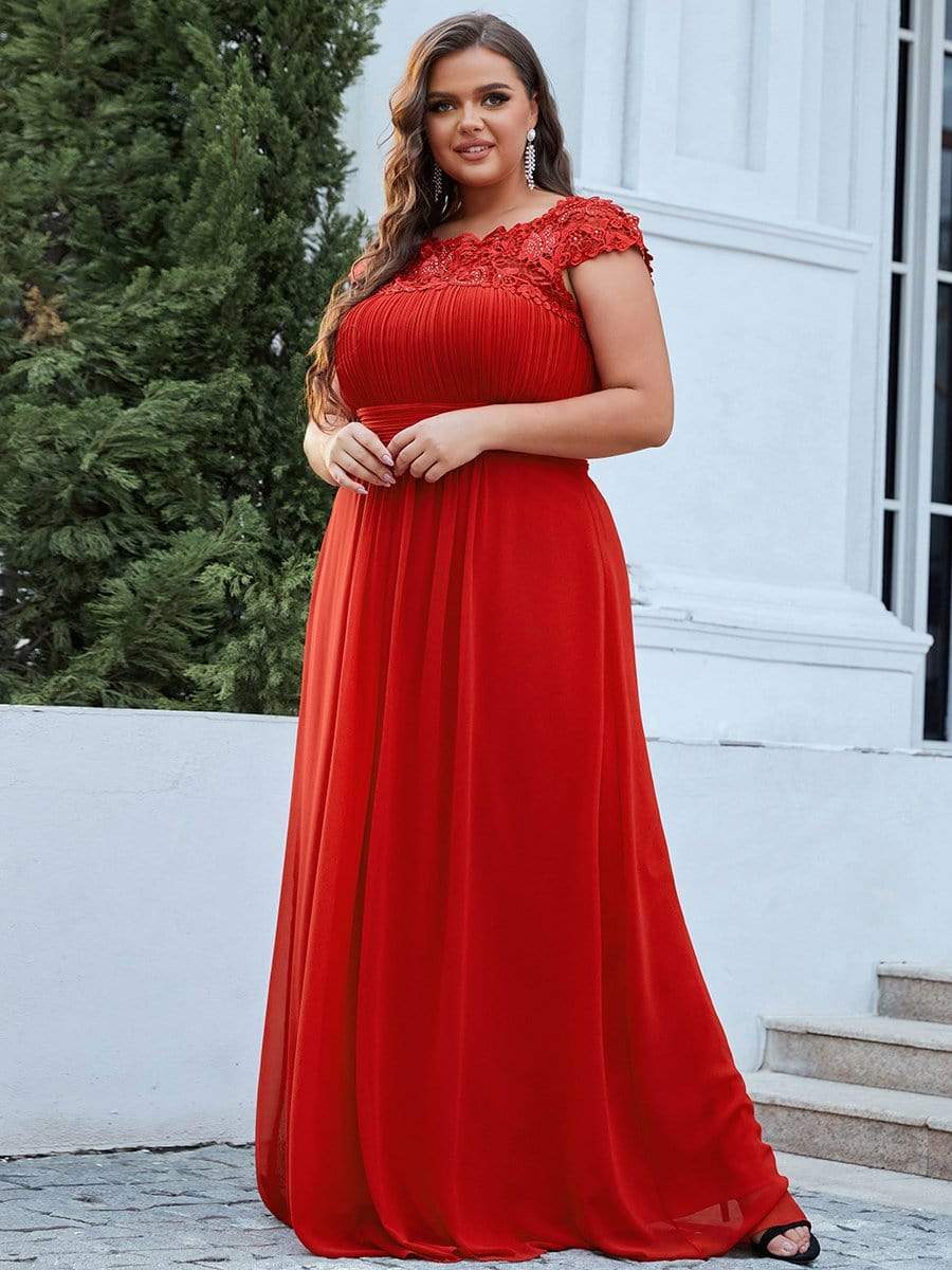 Plus Size Elegant Maxi Long Lace Cap Sleeve Bridesmaid Dress #color_Red 