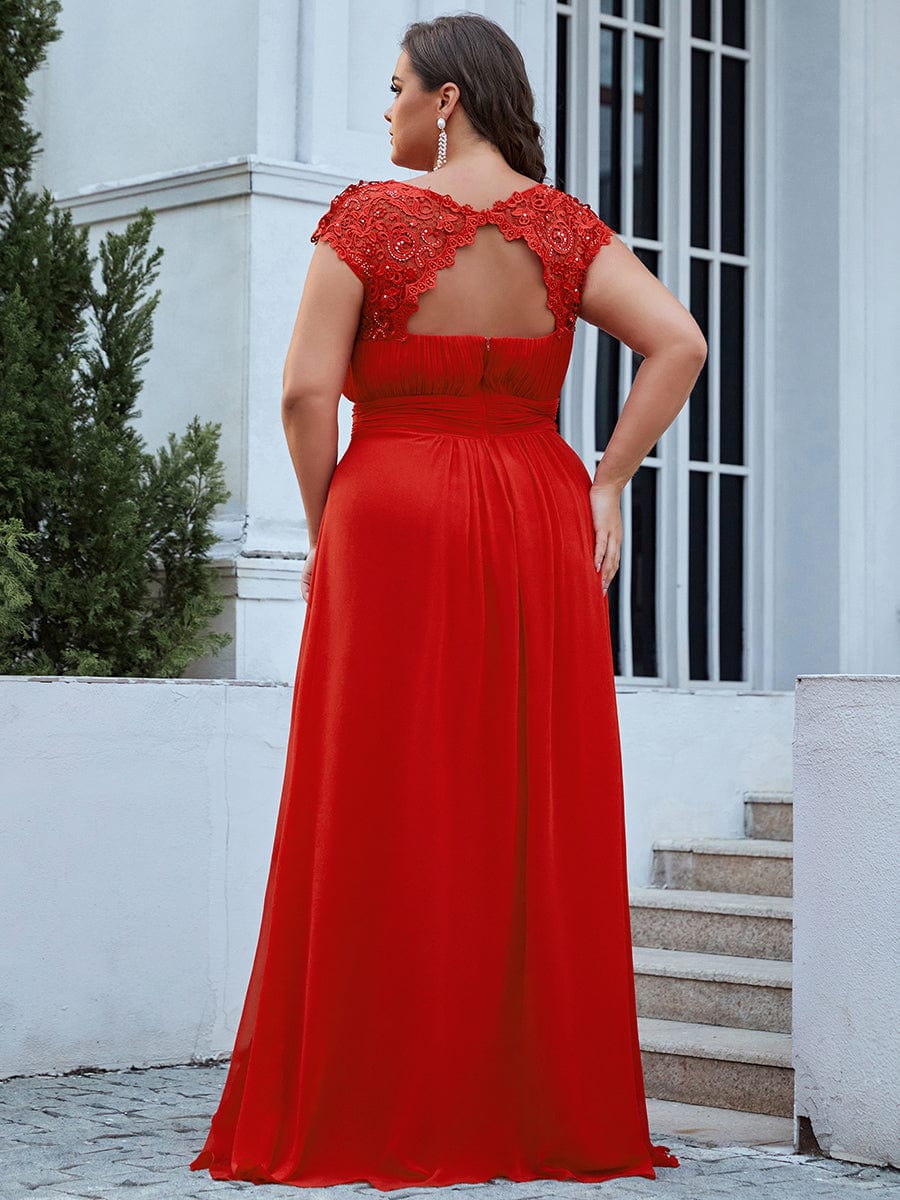 Custom Size Elegant Maxi Long Lace Cap Sleeve Bridesmaid Dress #color_Red