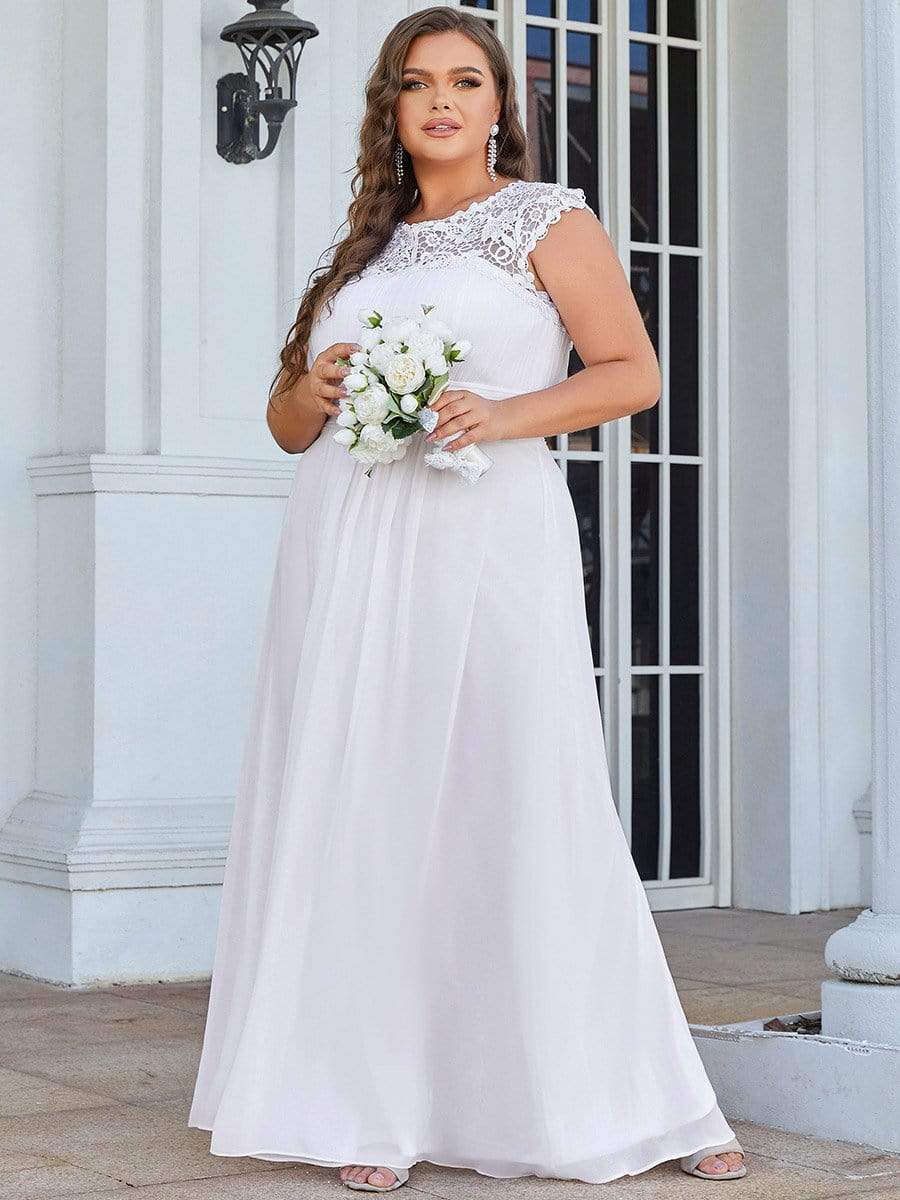 Plus Size Elegant Maxi Long Lace Cap Sleeve Bridesmaid Dress #color_White 