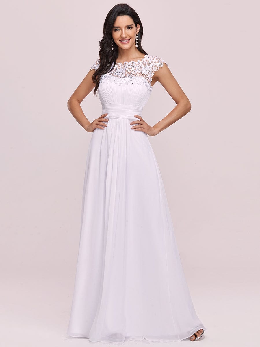 Maxi Lace Cap Sleeve Long Formal Evening Dress #color_White 