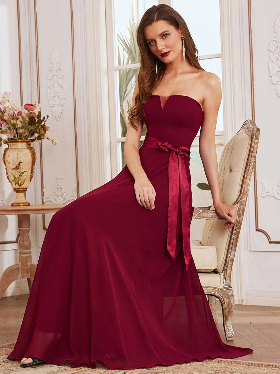 Color=Burgundy | Romantic Strapless Knotted Waistband Long Bridesmaid Dress -Burgundy 8