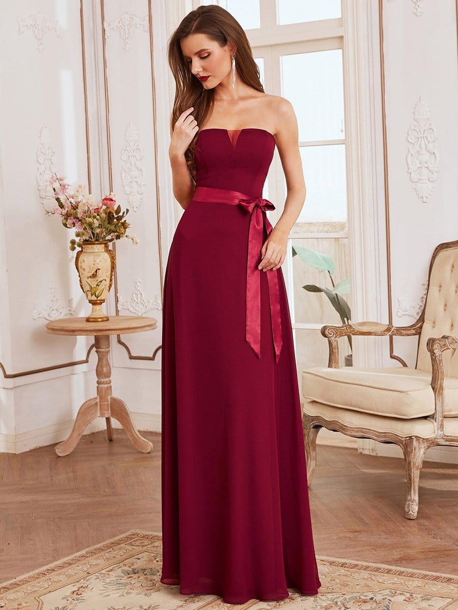 Color=Burgundy | Romantic Strapless Knotted Waistband Long Bridesmaid Dress -Burgundy 6