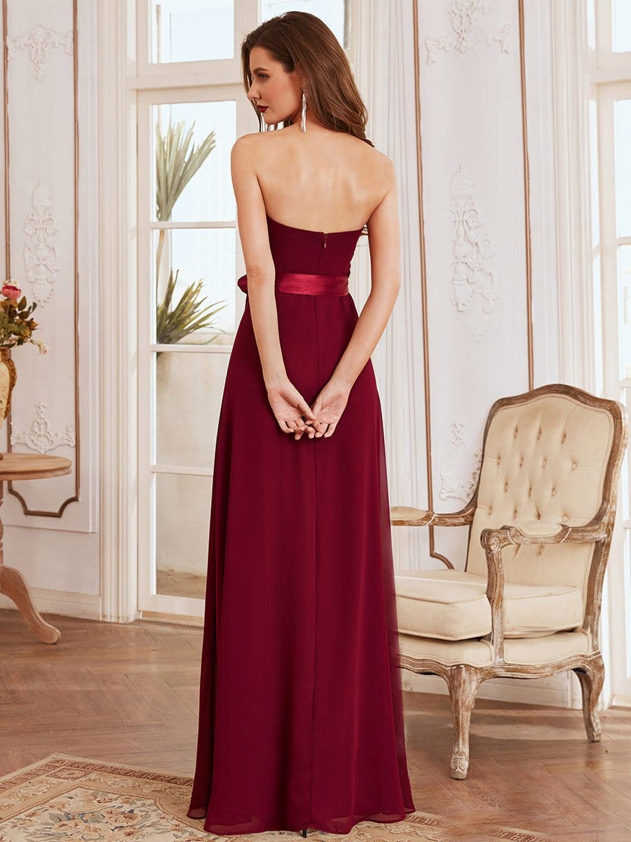 Color=Burgundy | Romantic Strapless Knotted Waistband Long Bridesmaid Dress -Burgundy 7