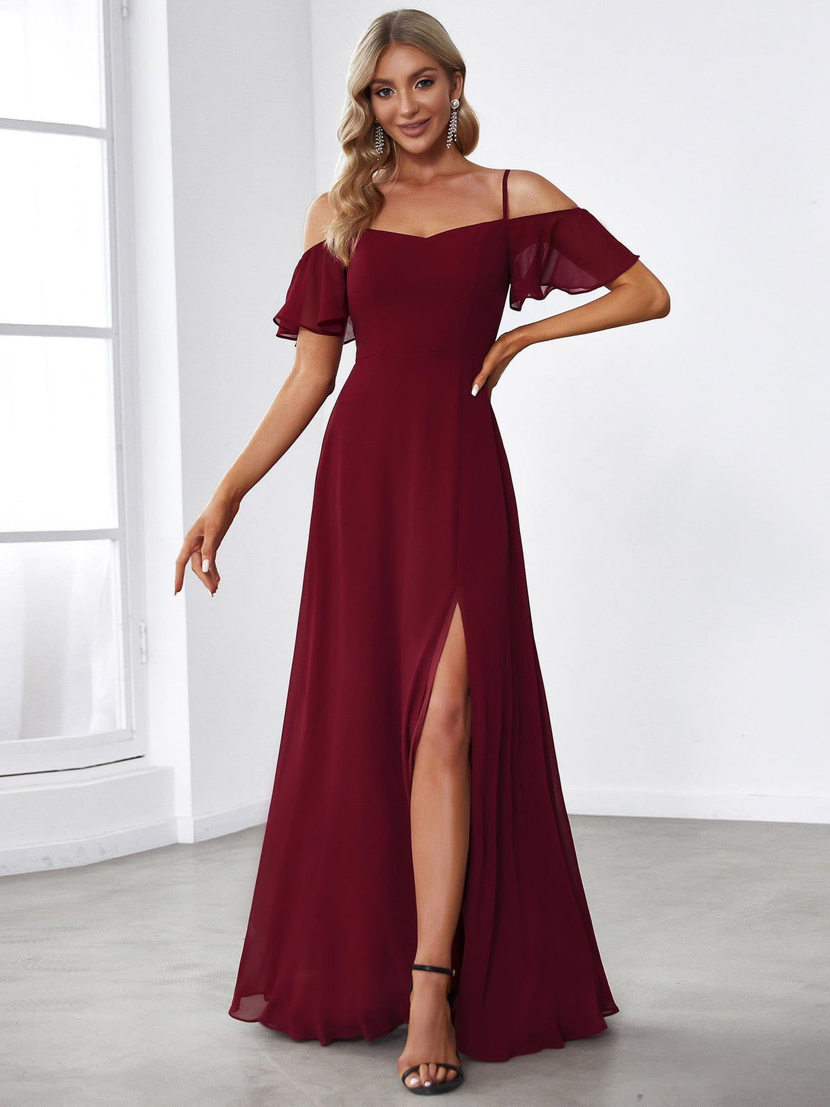 Chiffon Off-The-Shoulder Side Slit Bridesmaid Dress with sleeves #color_Burgundy 