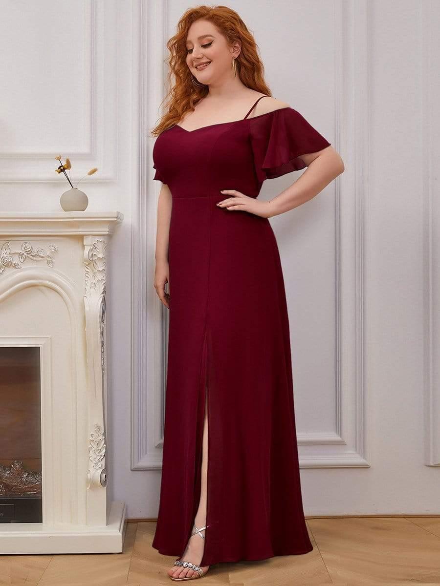 Custom Size Cold Shoulder Formal Bridesmaid Dress with Side Slit #color_Burgundy