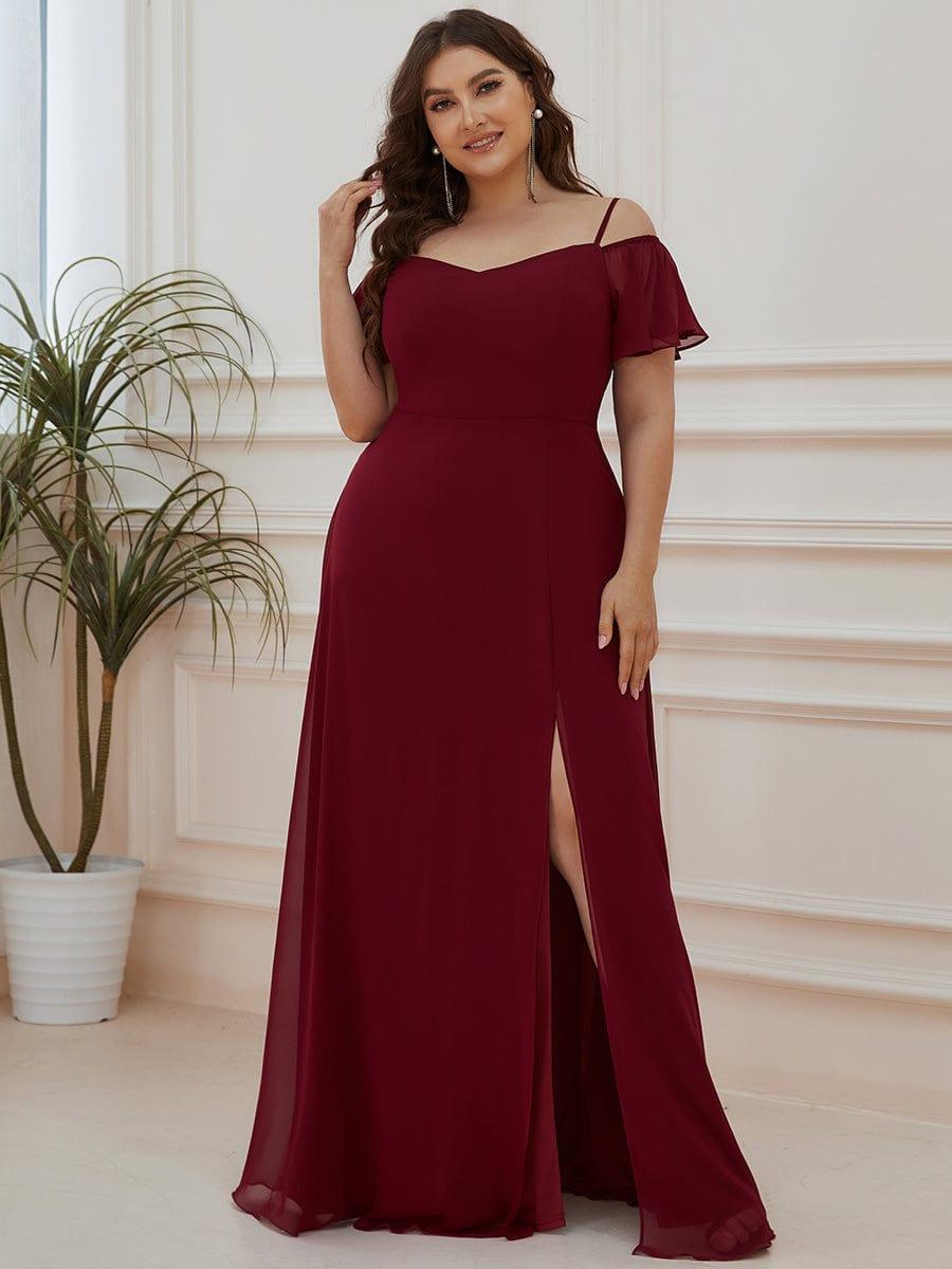 Custom Size Cold Shoulder Formal Bridesmaid Dress with Side Slit #color_Burgundy