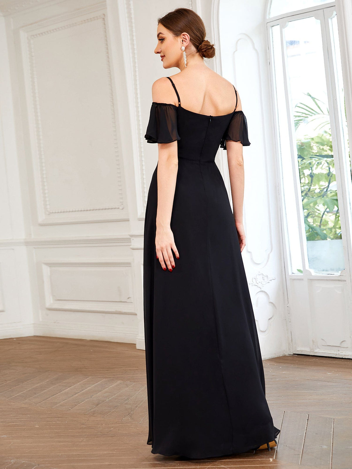 Chiffon Off-The-Shoulder Side Slit Bridesmaid Dress with sleeves #color_Black 