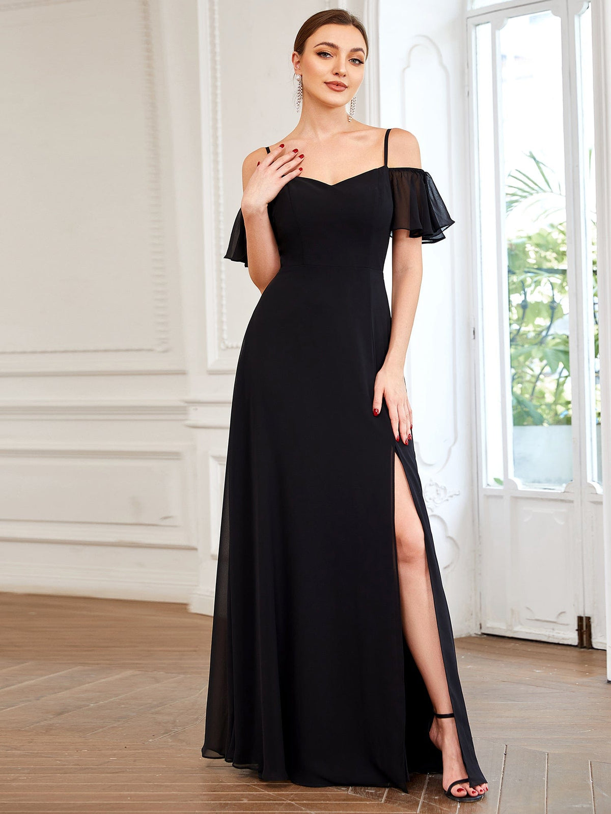 Chiffon Off-The-Shoulder Side Slit Bridesmaid Dress with sleeves #color_Black 