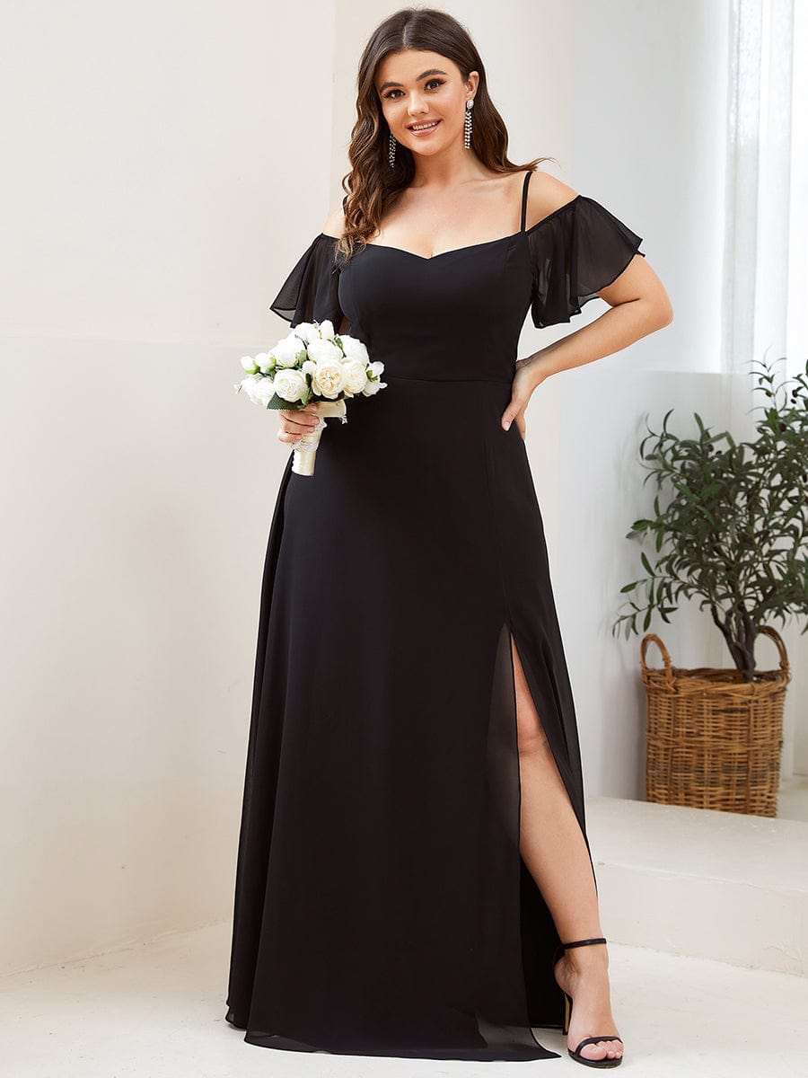 Custom Size Cold Shoulder Formal Bridesmaid Dress with Side Slit #color_Black