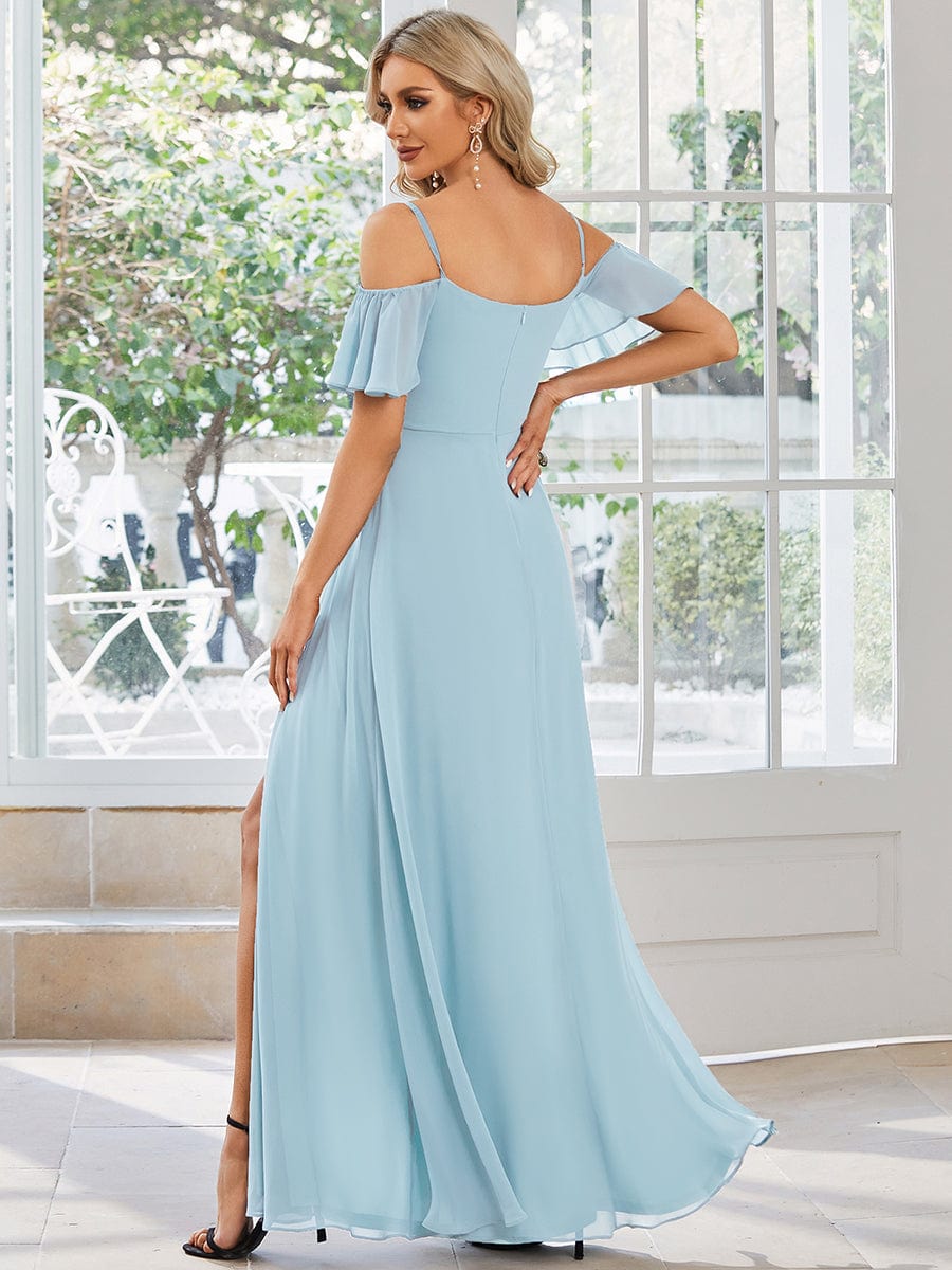 Flowy Cold Shoulder Flare Sleeves Bridesmaid Dress with Side Split #color_Sky Blue
