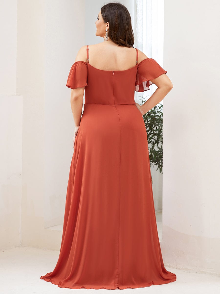 Custom Size Cold Shoulder Formal Bridesmaid Dress with Side Slit #color_Burnt Orange