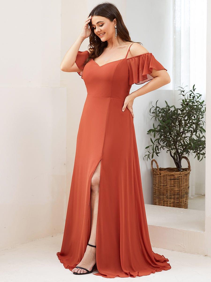 Custom Size Cold Shoulder Formal Bridesmaid Dress with Side Slit #color_Burnt Orange