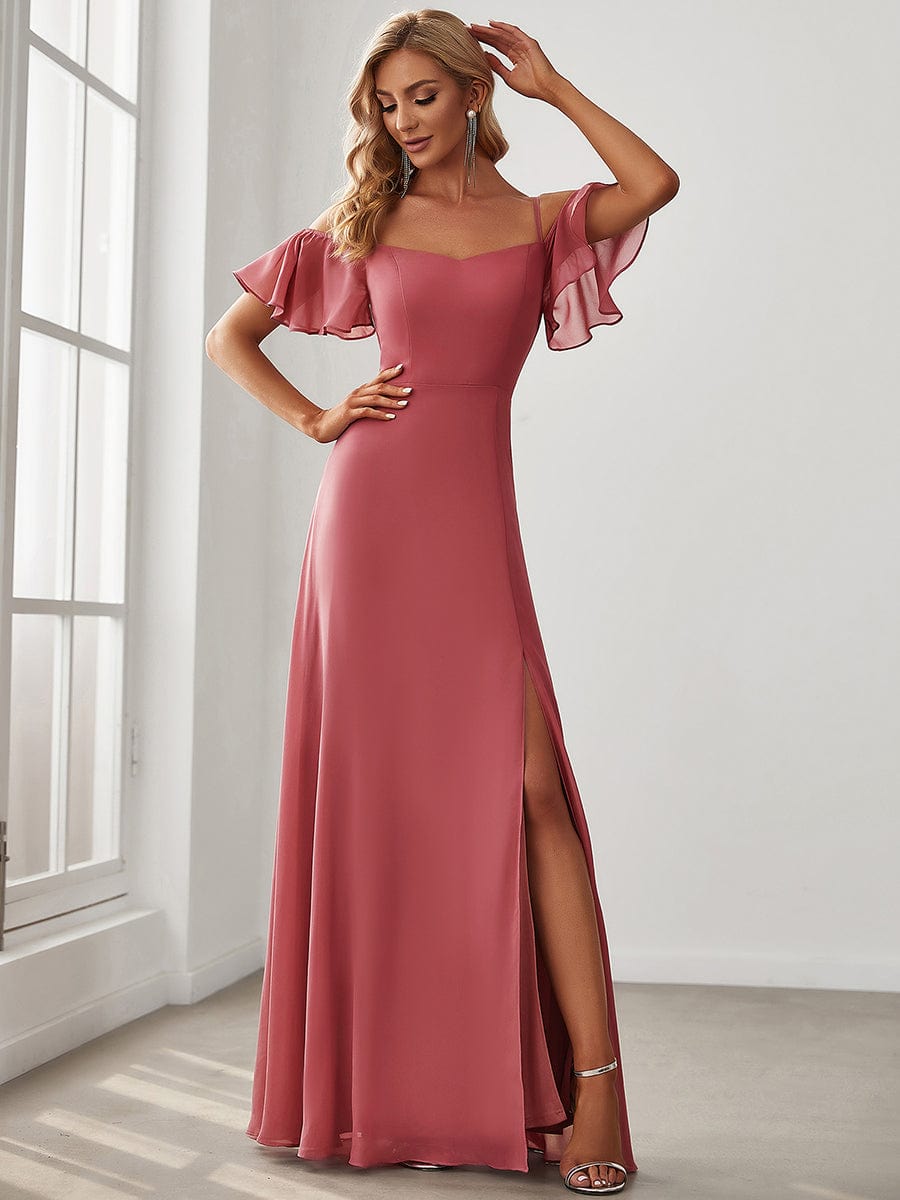 Custom Size Cold Shoulder Formal Bridesmaid Dress with Side Slit #color_Cameo Brown