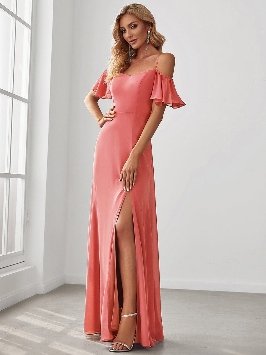 Custom Size Cold Shoulder Formal Bridesmaid Dress with Side Slit #color_Coral