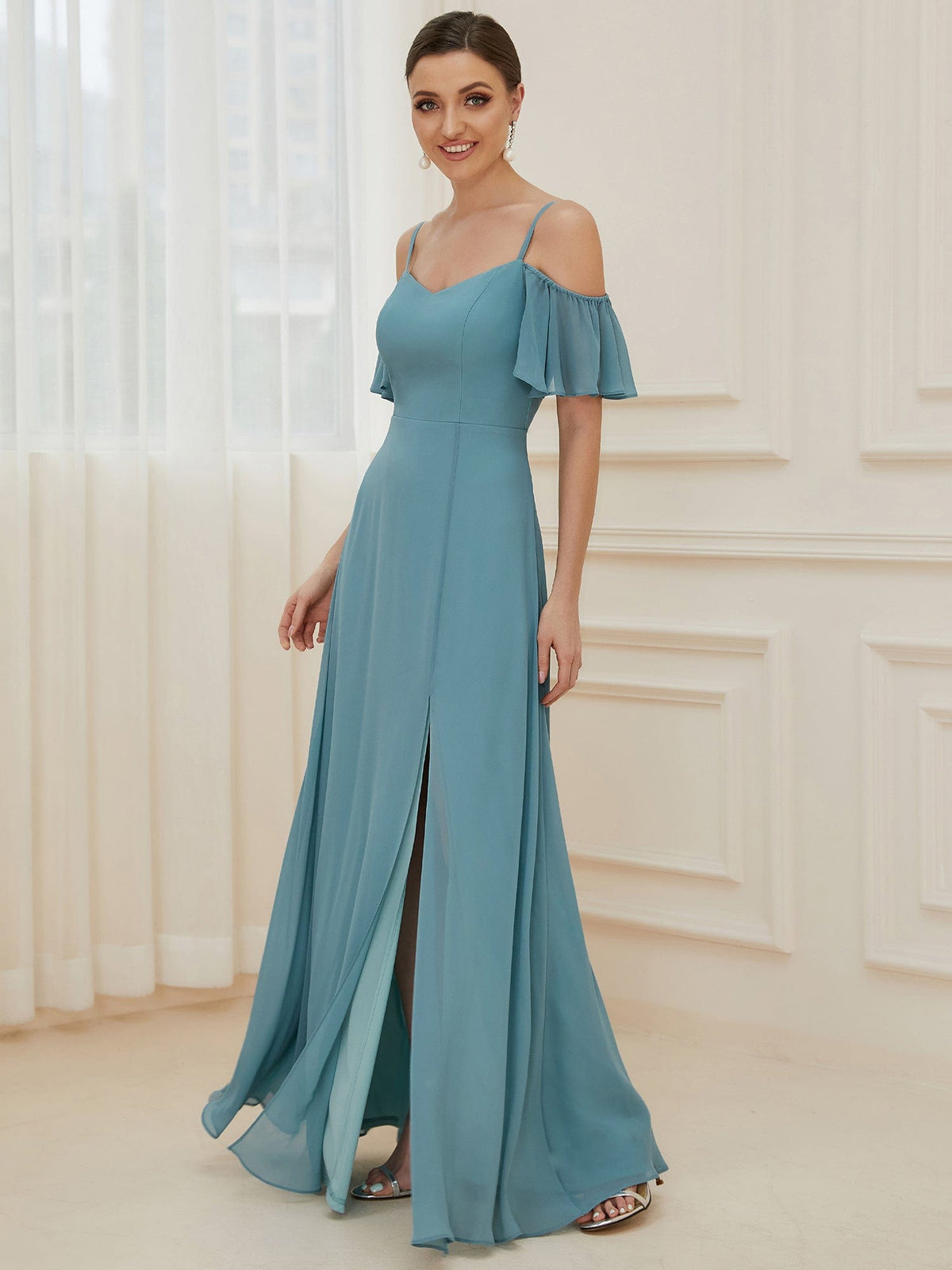 Chiffon Off-The-Shoulder Side Slit Bridesmaid Dress with sleeves #color_Dusty Blue 