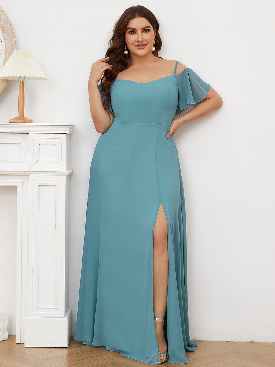 Custom Size Cold Shoulder Formal Bridesmaid Dress with Side Slit #color_Dusty Blue