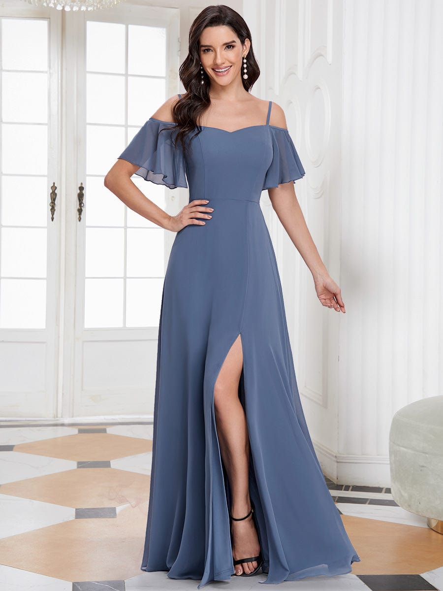 Chiffon Off-The-Shoulder Side Slit Bridesmaid Dress with sleeves #color_Dusty Navy 
