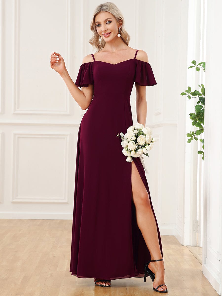 Flowy Cold Shoulder Flare Sleeves Bridesmaid Dress with Side Split #color_Mulberry