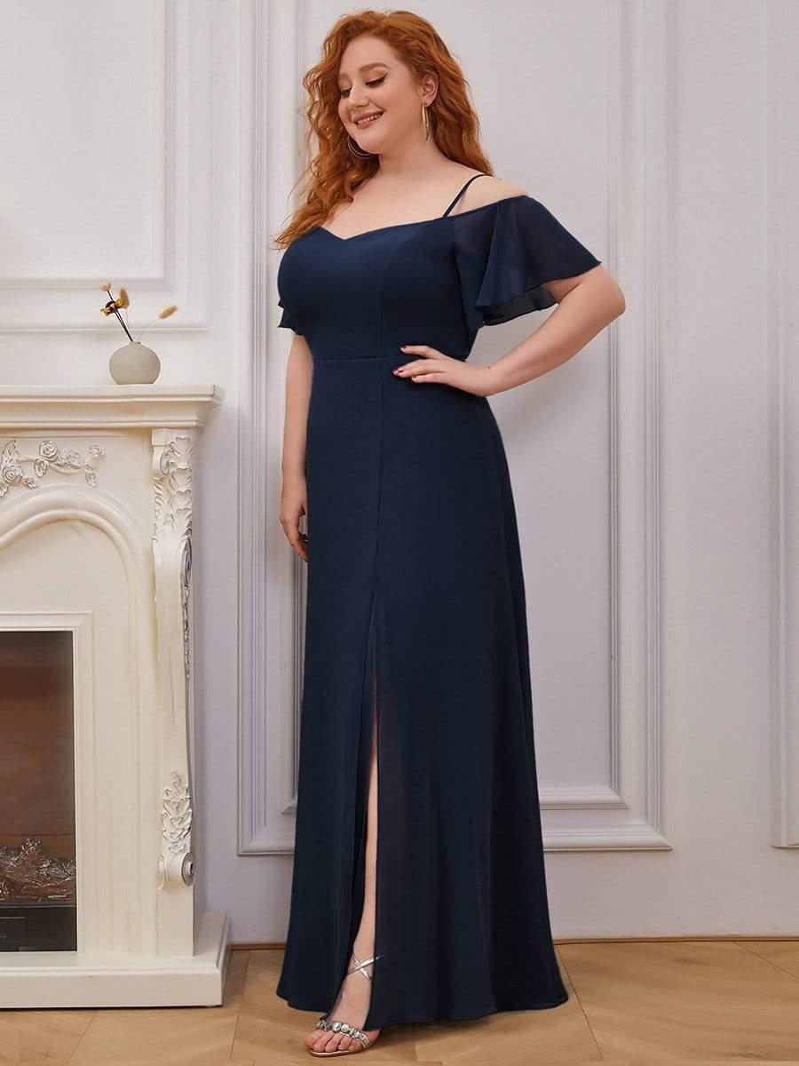 Custom Size Cold Shoulder Formal Bridesmaid Dress with Side Slit #color_Navy Blue