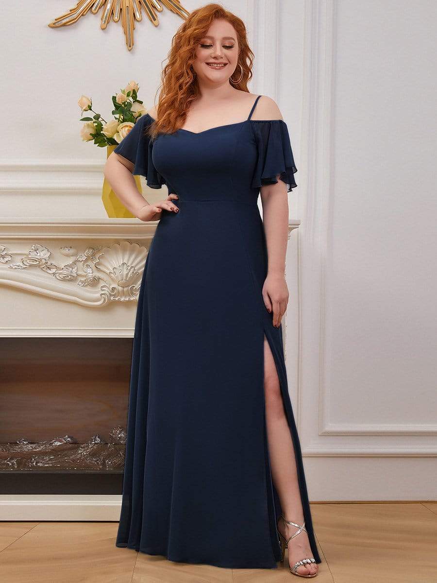 Custom Size Cold Shoulder Formal Bridesmaid Dress with Side Slit #color_Navy Blue