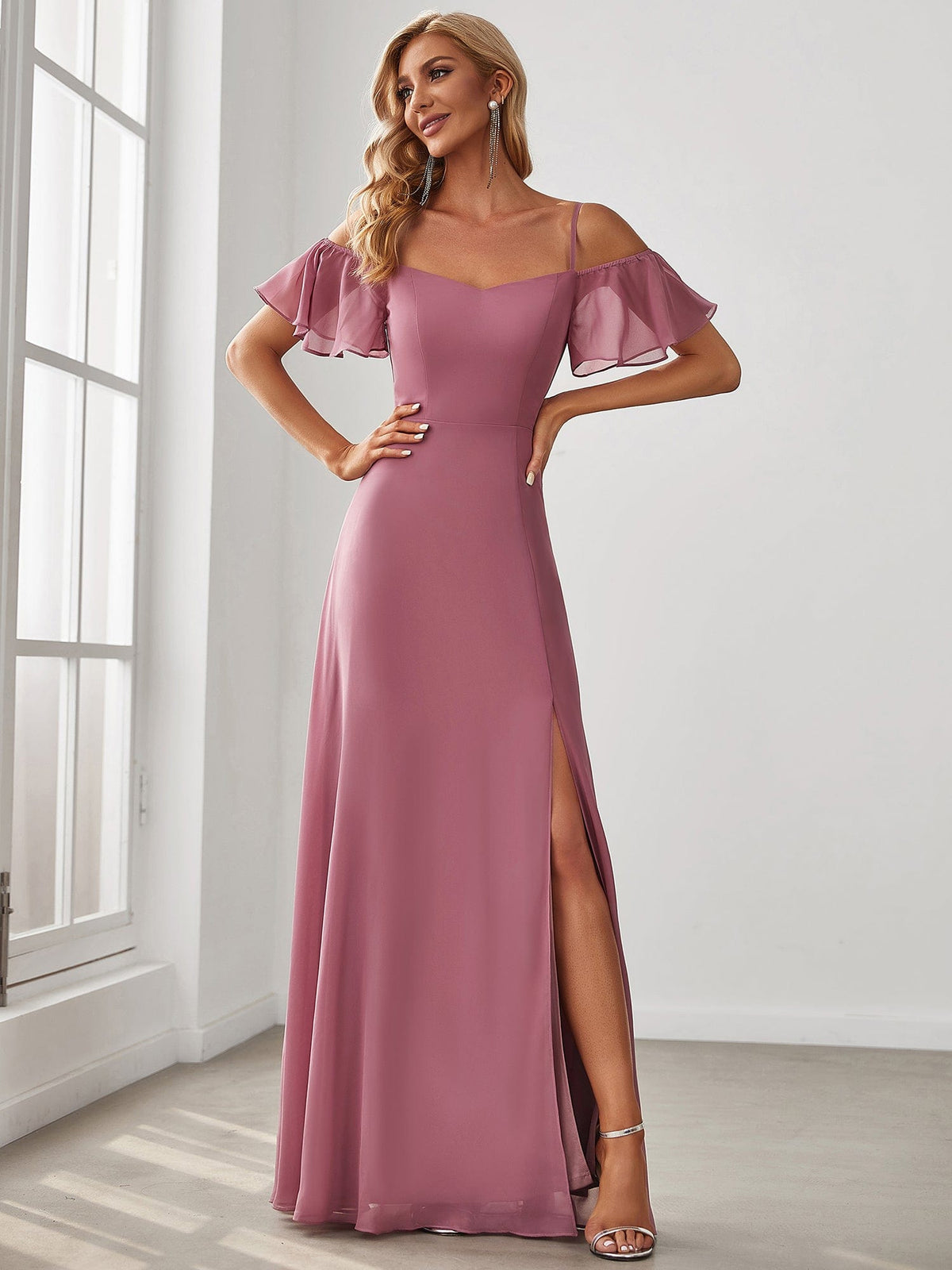 Chiffon Off-The-Shoulder Side Slit Bridesmaid Dress with sleeves #color_Purple Orchid 