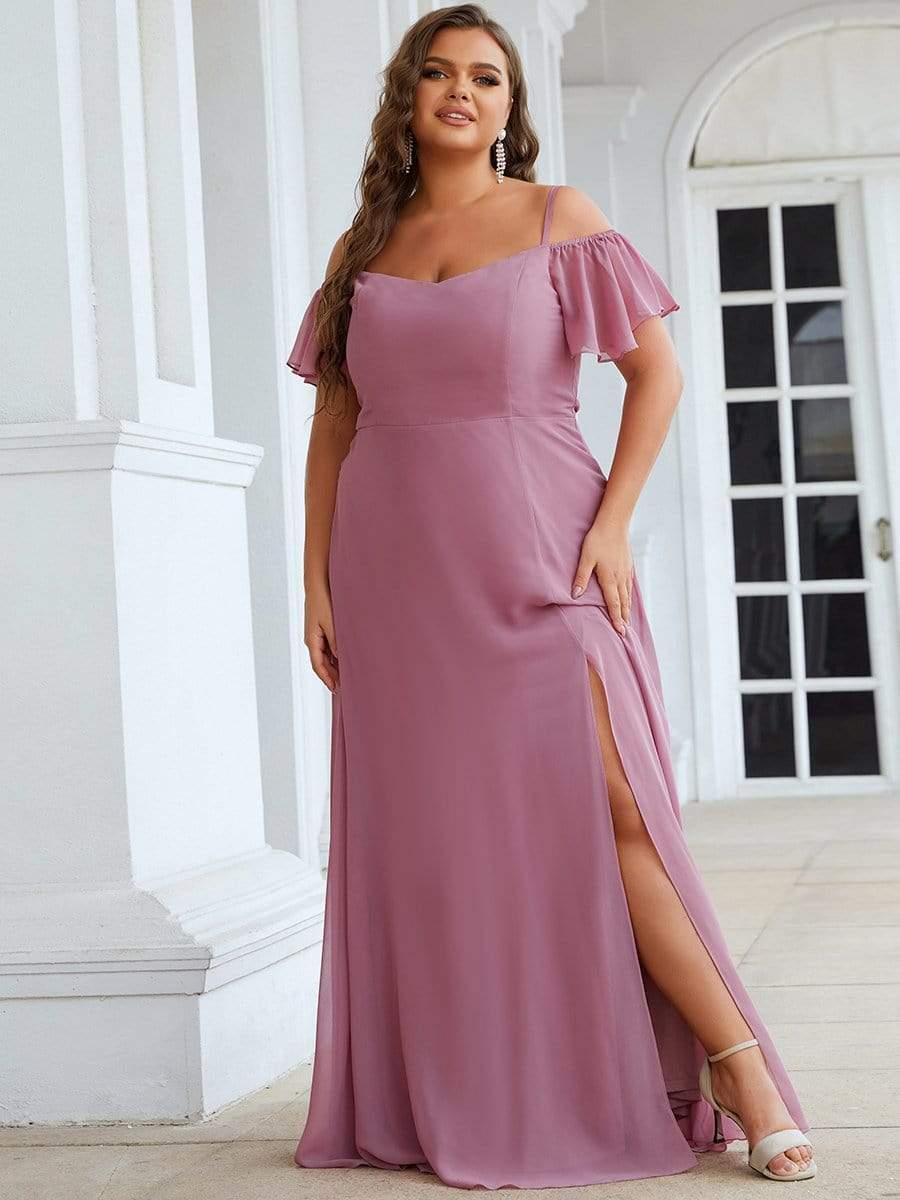 Custom Size Cold Shoulder Formal Bridesmaid Dress with Side Slit #color_Purple Orchid