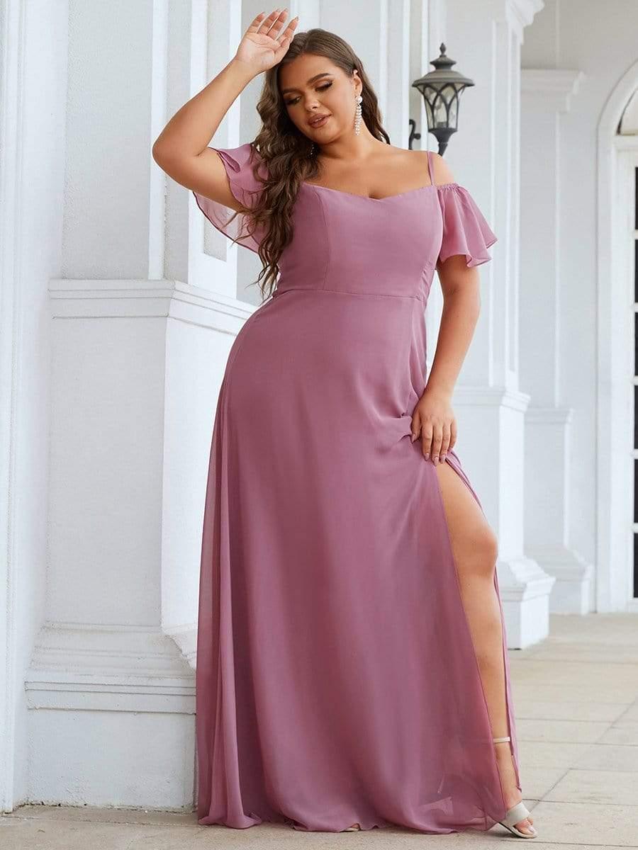 Custom Size Cold Shoulder Formal Bridesmaid Dress with Side Slit #color_Purple Orchid