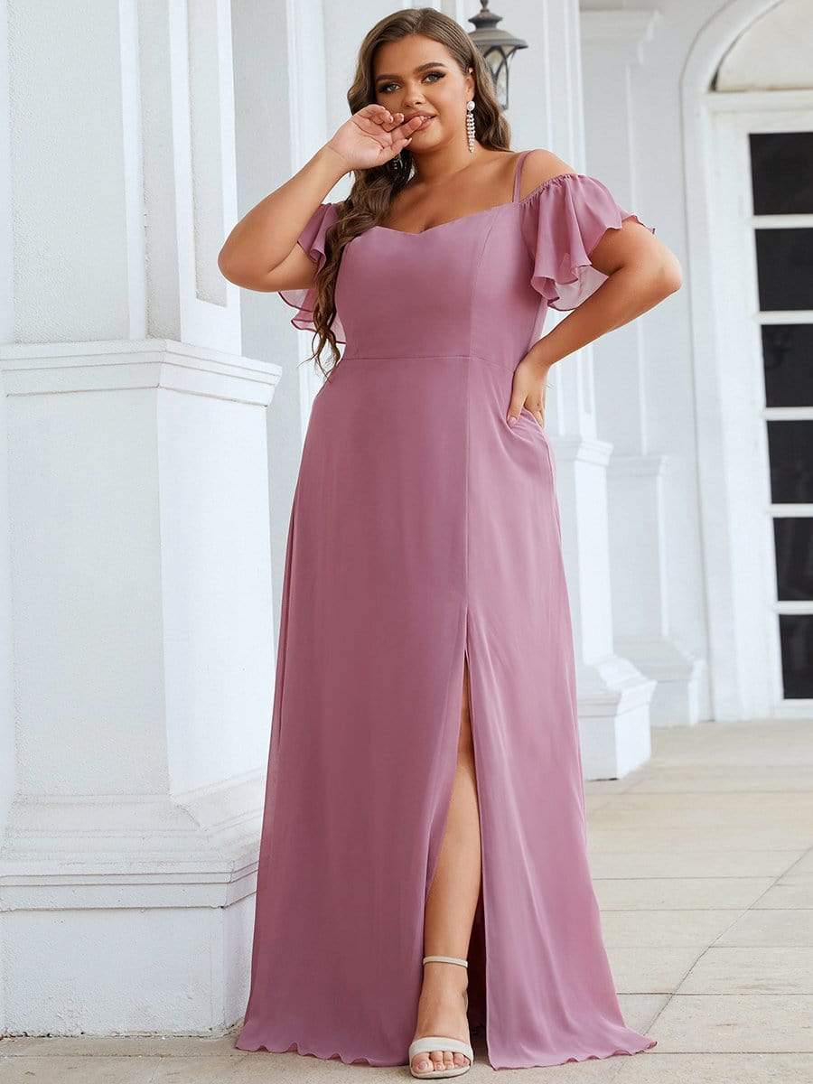 Custom Size Cold Shoulder Formal Bridesmaid Dress with Side Slit #color_Purple Orchid