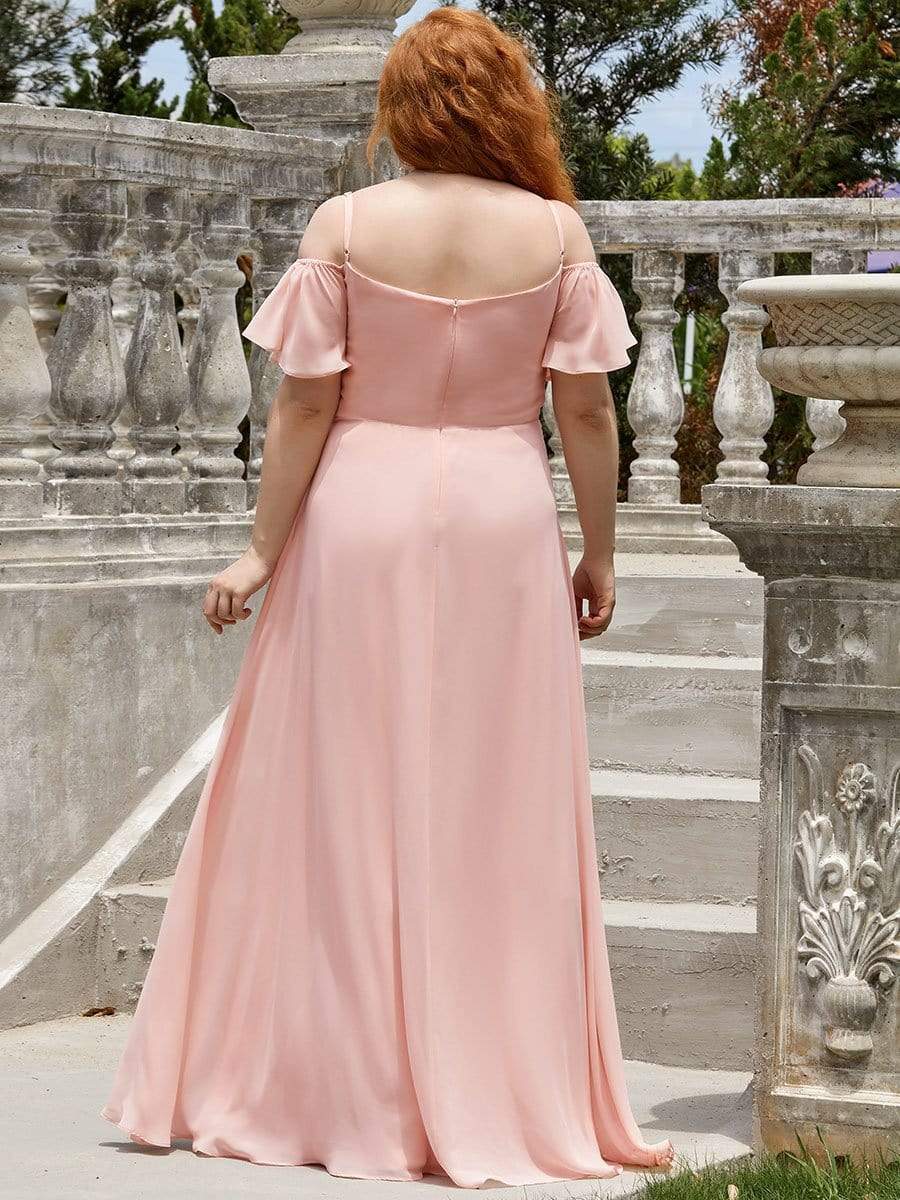 Custom Size Cold Shoulder Formal Bridesmaid Dress with Side Slit #color_Pink