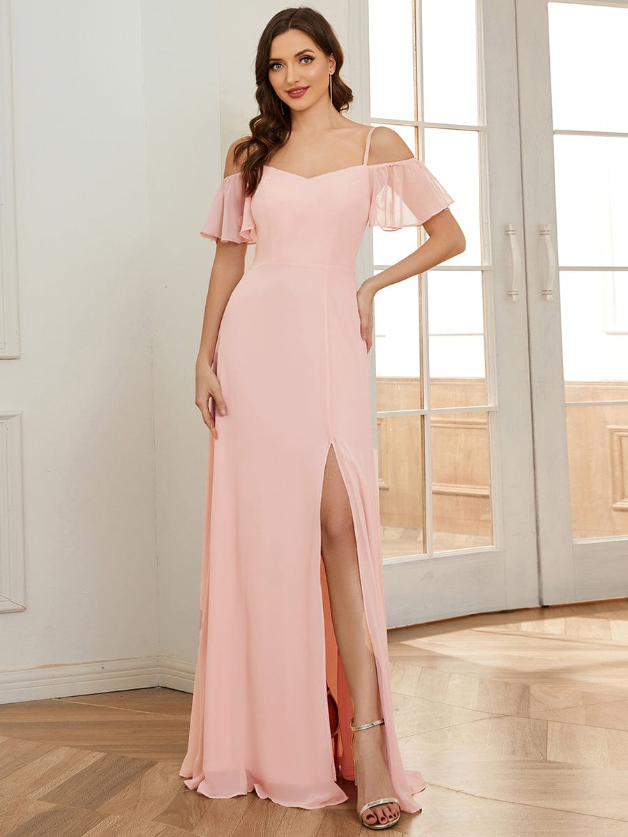 Chiffon Off-The-Shoulder Side Slit Bridesmaid Dress with sleeves #color_Pink
