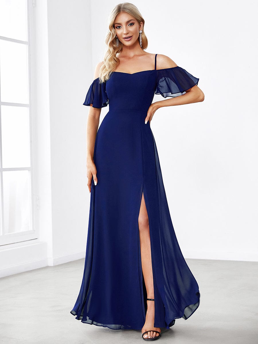Custom Size Cold Shoulder Formal Bridesmaid Dress with Side Slit #color_Royal Blue